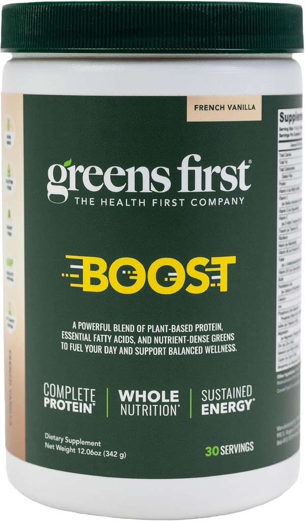 Greens First Boost - Πρωτεΐνη Βασισμένη σε φυτά & Ισορροπημένη Διατροφή - Superfood Shake Mix - Χωρίς σιτάρι ή σόγια - Γαλακτο-ελεύθερο - Vegan - Γαλλική Βανίλια, 12.06 oz.