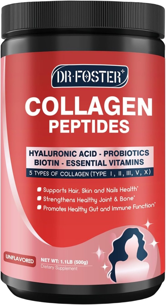 DRFOSTER Multi-Collagen-Peptide-Powder με προβιοτικά, 50 μερίδες υδρολυμένου κολλαγόνου Πεπτίδια με υαλουρονικό οξύ, βιοτίνη & πολυβιταμίνες - Υποστηρίζει το δέρμα, τα μαλλιά, τα νύχια υγεία