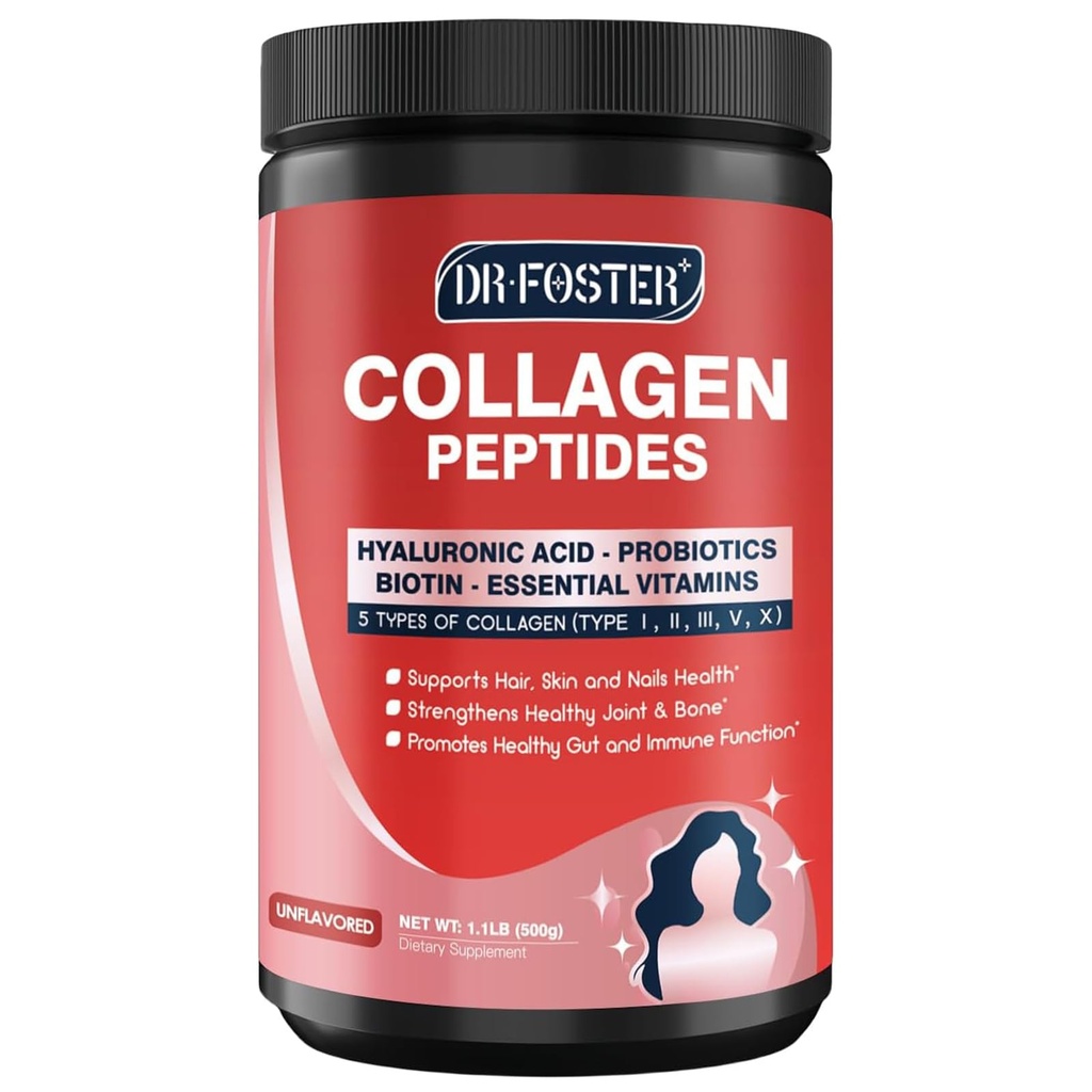 DRFOSTER Multi-Collagen-Peptide-Powder με προβιοτικά, 50 μερίδες υδρολυμένου κολλαγόνου Πεπτίδια με υαλουρονικό οξύ, βιοτίνη & πολυβιταμίνες - Υποστηρίζει το δέρμα, τα μαλλιά, τα νύχια υγεία