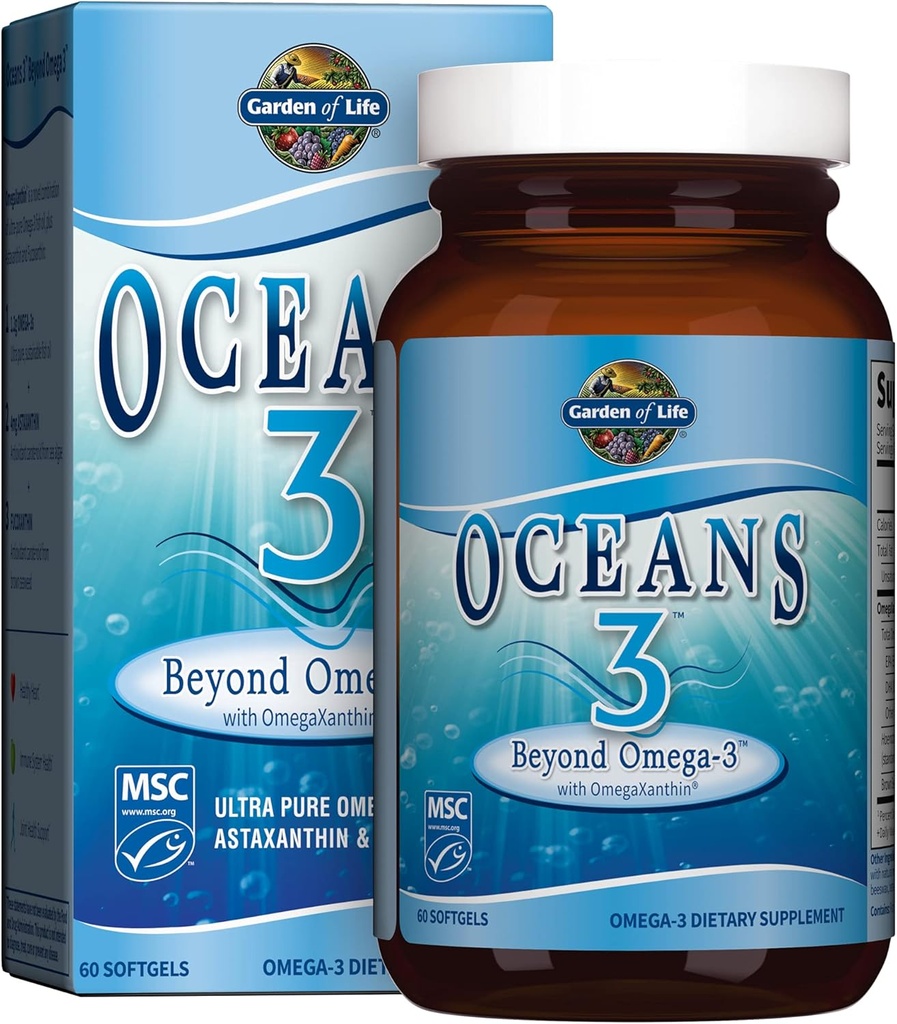 Life Oceans 3 Beyond Omega-3 with OmegaXanthin, EPA, DHA Supplements, Fish Oil with 1200 mg Omega 3, Astaxanthin & Brown Seaweed Extract - 60 Softgels
