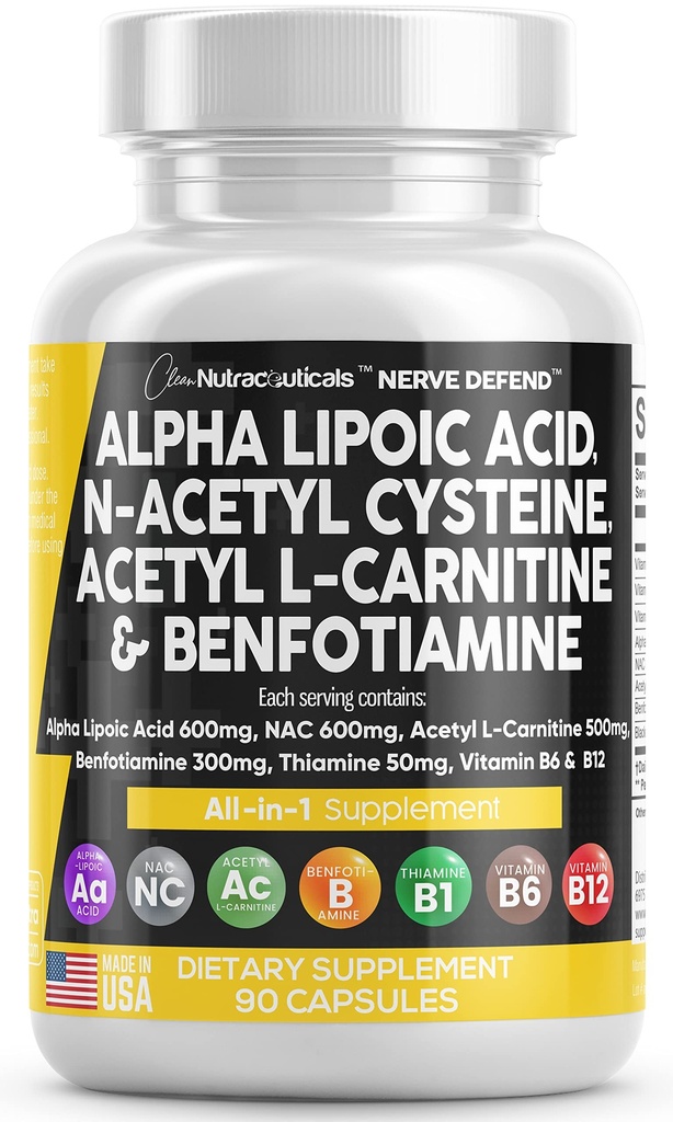 Alpha Lipoic Acid 600 mg N-Acetyl Cysteine 600 mg Acetyl L-Carnitine 500 mg Benfotiamine 300 mg - B1 B6 & B12 ile Kadınlar ve Erkekler için Destek Tamam - ABD'de 90 Caps