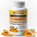 Turmeric Curcumin 2565 mg, 180 Capsules,% 95 Curcuminoids & BioPerine Black Pepper Ekstra Güçlü Turmeric Supplement, All Natural & Non – GMO, Gluten-Free, Vegan Capsules