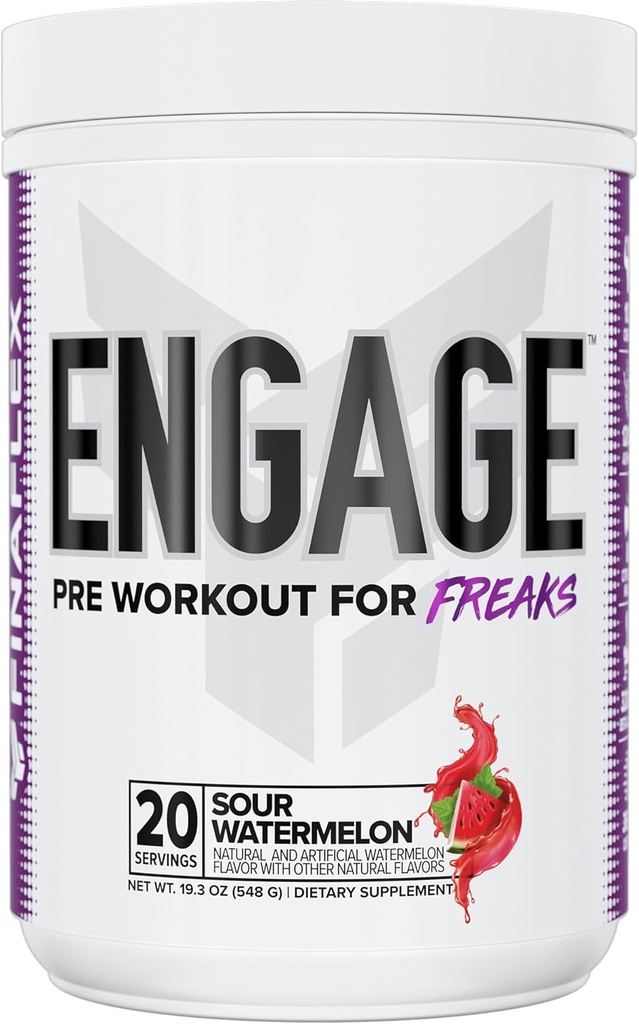 FINAFLEX Engage Pre Workout, Sour Watermelon - Train Harder, Longer & Stronger - Includes Creatine, Beta-Alanine, Alpha GPC, Citrulline & Caffeine - 20 Servings