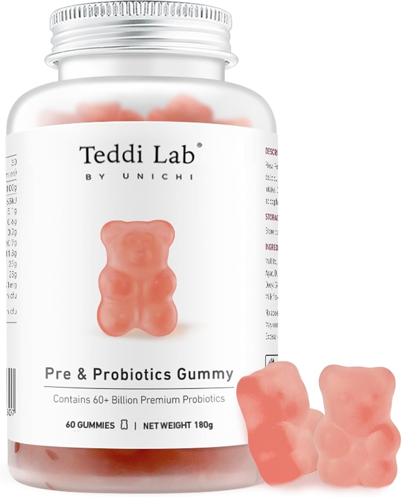 Unichi Pre & Probiyotiks Gummy, 60+ Milyar Probiyotikler Digestive Wellness ve İç Denge, Non-GMO, Yogurt Flavour, 60 Count