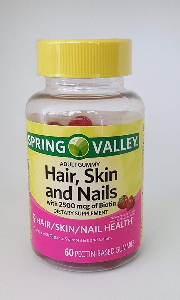 Spring Valley Hair, Skin and Nails with 2500 mcg of Biotin Diyetary Supplement, 60 Pectin-Based Gummies