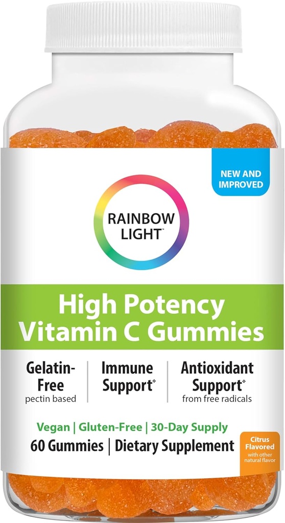 Rainbow Light High-Potency Vitamin C Gummies, Gummy Supplement Antioksi ve Immune Support ile C vitamini, Vegan ve Gluten Free, 60 Kont Count Count Count