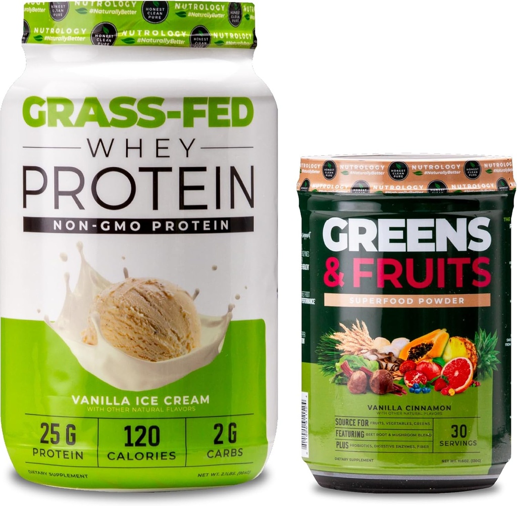Nutrology Greens & Fruits Powder-Naturally Sourced Superfood, Vanilla Cinnamon (30 Servings) Grass Fed Whey Protein Powder, Vanilla Ice Cream Flavor (28 Servings)