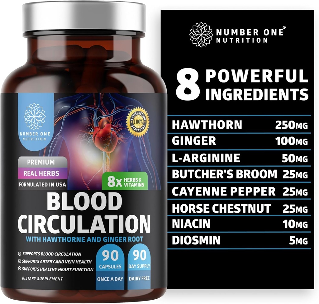 Kadınlar ve Erkekler için Premium Kan Circulation Supplement [8 Güçlü Herbs & Vitaminler] All Natural Blood Flow Supplement with Hawthorn, Butchers Broom and Cayenne Pepper, 90 Caps