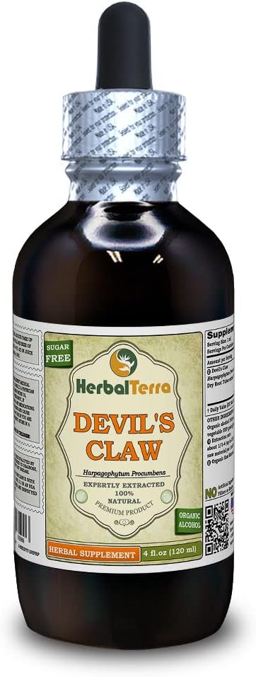 Devil's Claw (Harpagophytum Procumbens) Tincture, Organik Kuru Köklü (Brand Name: HerbalTerra, Proudly Made in USA) 4 fl.oz (120 ml)
