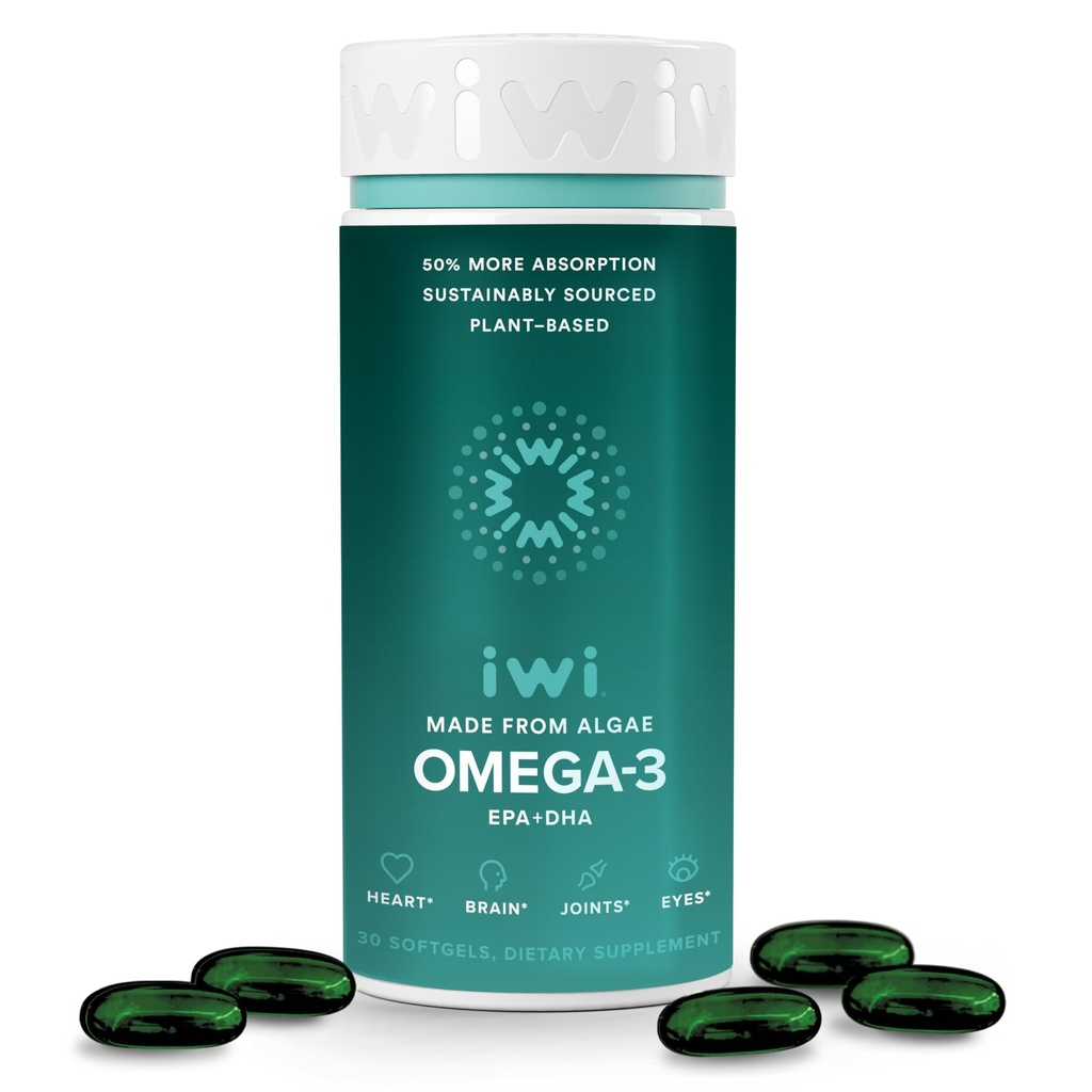 Iwi Omega-3, 30 Softgels (30 σέρβις), Vegan Plant-based Algae Omega 3 με EPA + DHA, πλήρες συμπλήρωμα διατροφής υποστήριξης σώματος, Krill & Fish Oil Εναλλακτική, Δεν Fishy Επίγευση