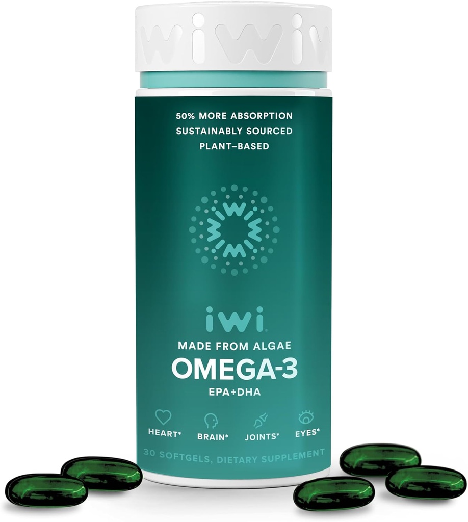 Iwi Omega-3, 30 Softgels (30 Servings), Vegan Plant-Based Algae Omega 3 with EPA + DHA, Whole-Body Support Dietary Supplement, Krill & Fish Oil Alternative, No Fishy Aftertaste