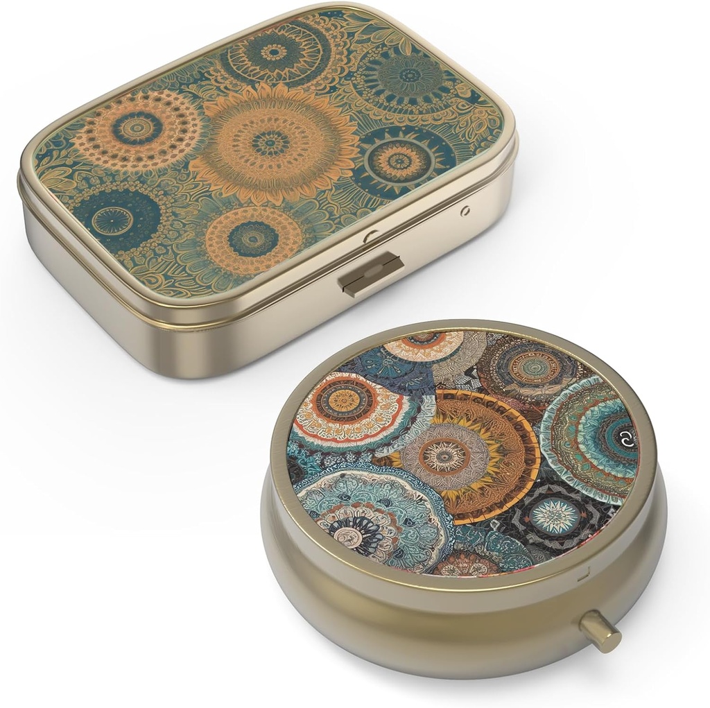 Pill Organizer Pill Box with Mirror Retro Small Pill Case for Purse or Pocket Bronz Pill Box or Vitamins, Fish Oil, Supplements, Pill Containe Travel Armağan (2) Adapt-Retro Mandala)