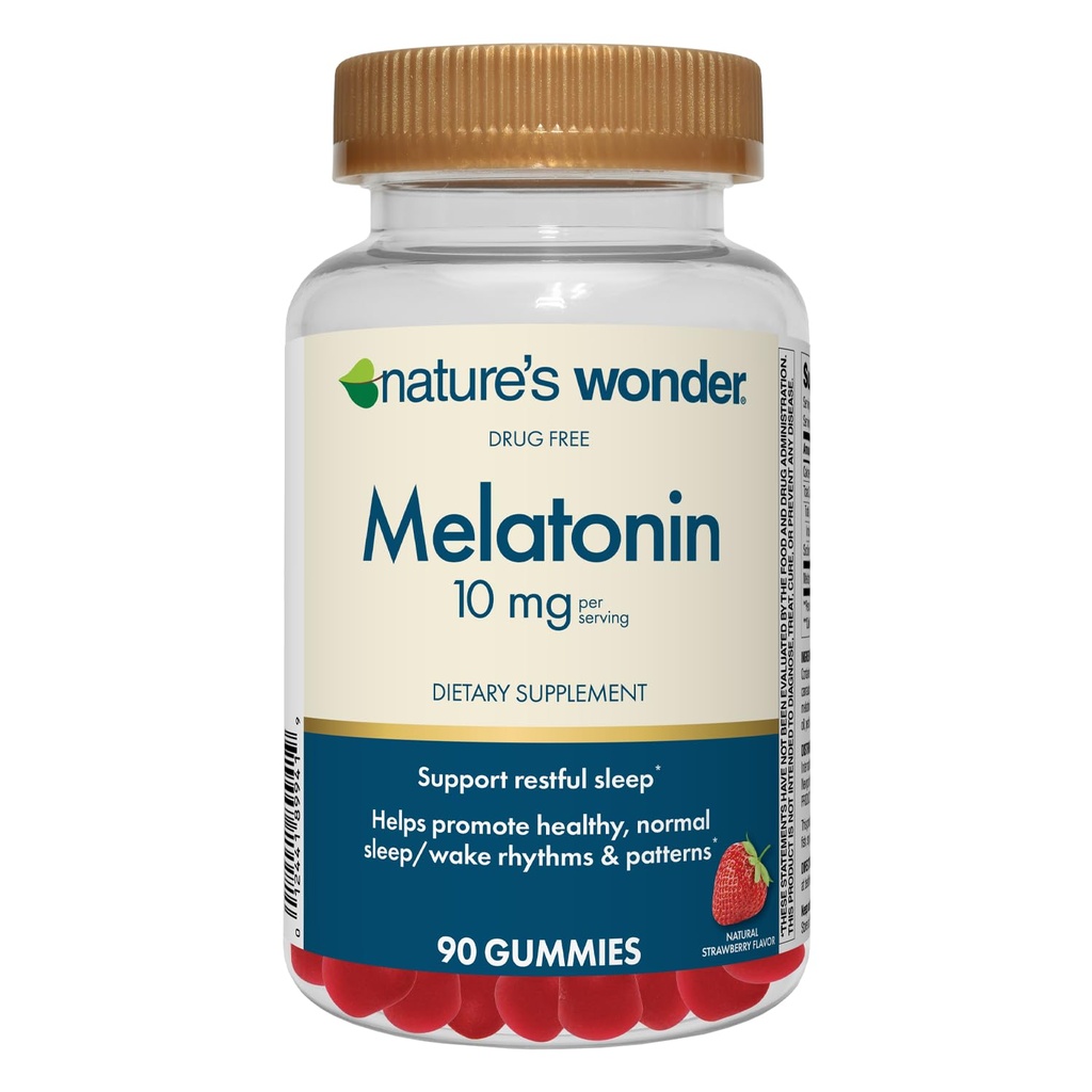 Nature's Wonder Drug-Free Melatonin 10 mg Gummies for Adult Sleep Health, 100% Drug Free Sleep aid, Promote Healthy Sleep and Wake Rhythm and Patterns, 45 Day Supply, 90 Count