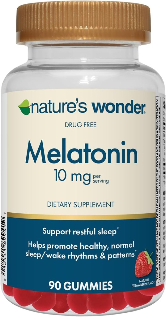 Nature's Wonder Drug-Free Melatonin 10 mg Gummies for Adult Sleep Health, 100% Drug Free Sleep help, Sağlıklı Uyku ve Wake Rhythm ve Patterns, 45 Day Supply, 90 Count