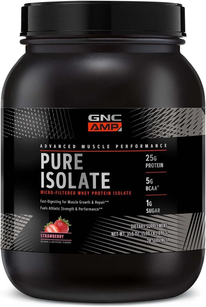 GNC AMP Pure Isolate Whey Protein Toz, Kas Büyüme, Kurtarma, Performans, 25g Protein, 5g BCAA, 1g Sugar, 130 Calories or Less, 3rd Party Tested, Gluten Free, Strawberry, 28 SVG