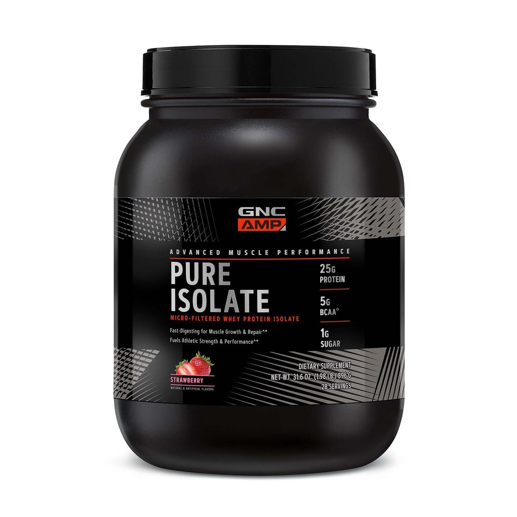 GNC AMP Pure Isolate Whey Protein Toz, Kas Büyüme, Kurtarma, Performans, 25g Protein, 5g BCAA, 1g Sugar, 130 Calories or Less, 3rd Party Tested, Gluten Free, Strawberry, 28 SVG
