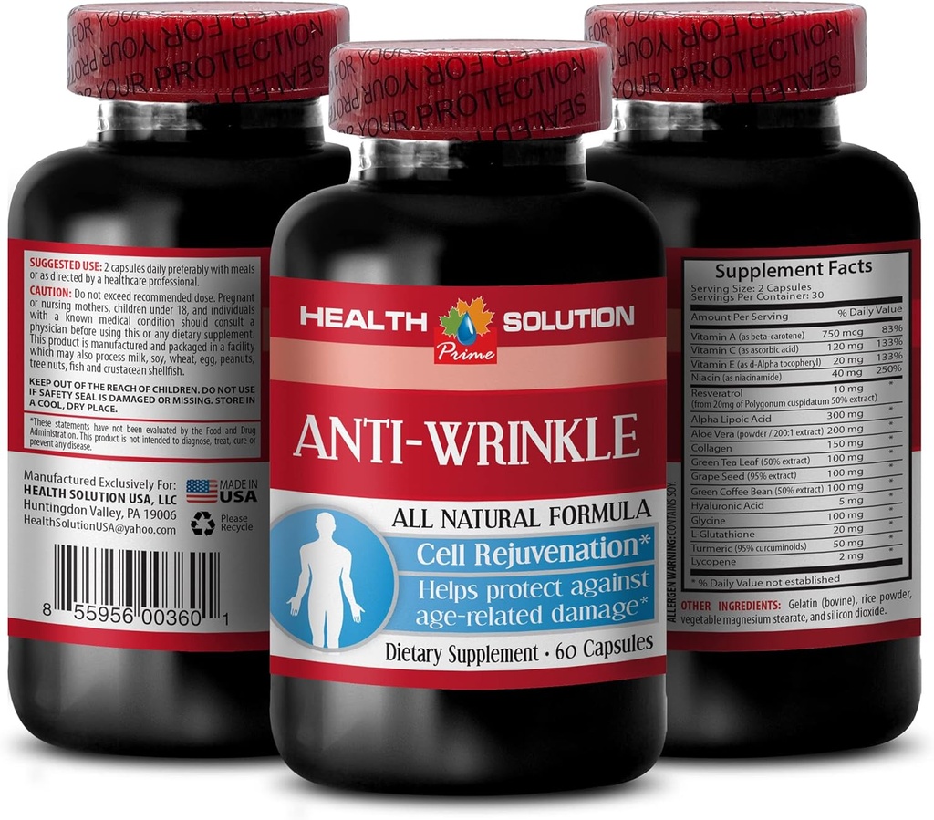 E kolajen - ANTI-WRINKLE COMPLEX - Skin mineralleri, Anti-aging doğal formülleri, yüz için anti kırışıklık kapsülleri, alfa dudak asiti, kadınlar için anti kırışıklık, 1B 60 Caps