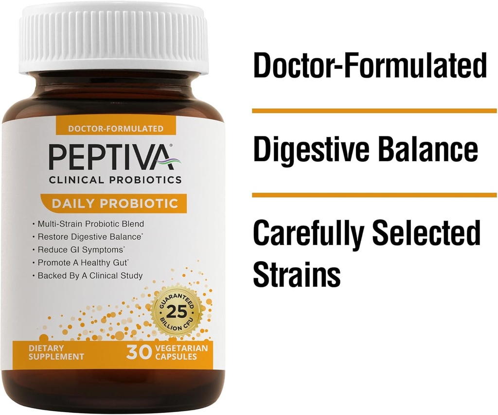 Peptiva Daily Probiyotik, 25 Milyar CFU, Multi-Strain Probiyotiks, Lactobacillus Acidofilius, Bifidobacterium, Digestive Support Supplement - 30 Count Count