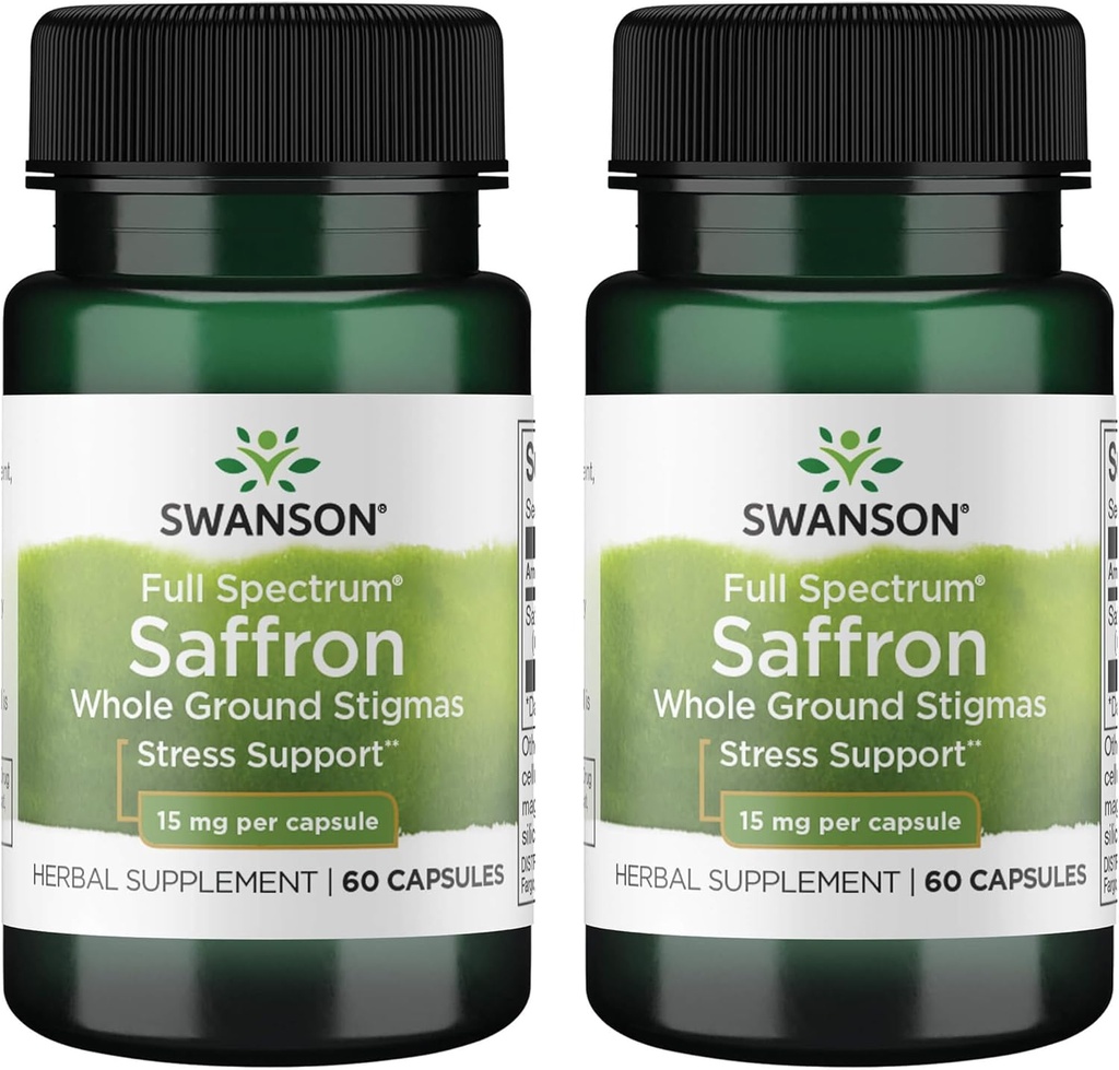 Swanson Full Spectrum Saffron (Kimle Ground Stigmas)-Herbal Supplement Doğal Mood Destek ve Stres Yönetimi - Organik İspanyol Saffron Supplement-(60 Veggie Capsules, 15mg Her) 2 Pack