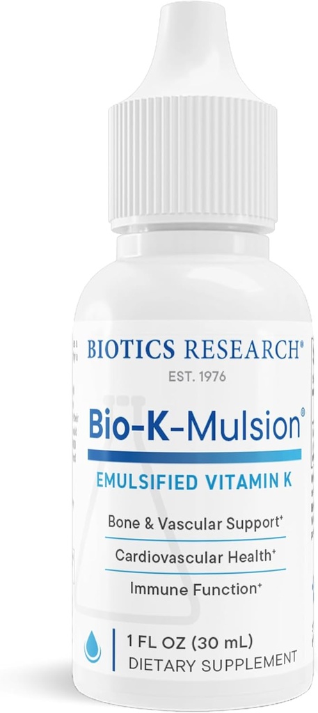 Biotics Research Bio K Mulsion Liquid Vitamin K Drops - 500 mcg/S - Βιταμίνη K1 φυτοναδιόνη για ενήλικες - συμπλήρωμα VIT K - Ισχυρά οστά, υγεία της καρδιάς, υποστήριξη πήξεως αίματος, 1 fl oz