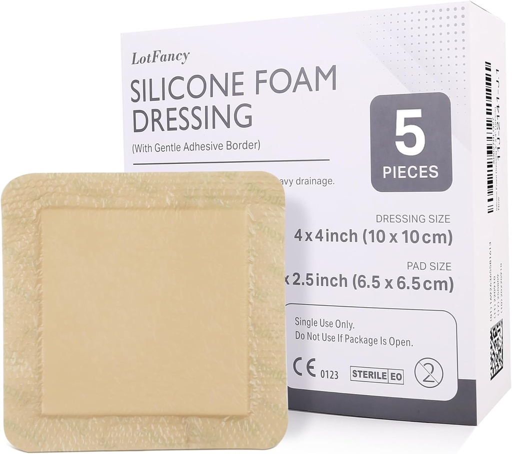 LotFancy Silikon Köpük Giyinme, 4"x 4" (2.5)x2.5" Pad), 5 Kont, steril Sınırlı Yapıştırıcı Yara Giyme, Bed Sores, Leg Ulcers Yara Bakımı Bandage, Highly Absorbent, Su geçirmez