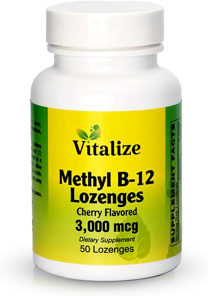 Vitalize - Me-12 Lozenges | Vitamin B12 Mecobalamin | B12 Supplement | Cherry Flavor | Enerji Supplements | Supports Energy Production & Liver Health | 50 Lozenges per Şişe | 3000 MCG