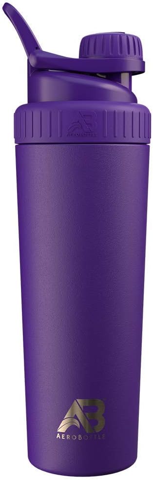 AeroBottle Cryo Shaker Cup, μονωμένο μπουκάλι νερού από ανοξείδωτο χάλυβα και αναδευτήρα πρωτεϊνών, αναμιγνύει την πρωτεΐνη και την προ προπόνηση με την τεχνολογία αναμίξεων ταραξίας, καμία σφαίρα ή Wisk, 26oz, μοβ Nightfall