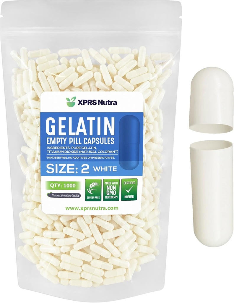 XPRS Nutra Boyutu 2 Boş Kapsüller - 1000 Kont Boş Gelatin Capsules - Pills DIY Capsule - Pure Bovine Pill Gel Caps For Do-It- Yourself Supplements (Beyaz)