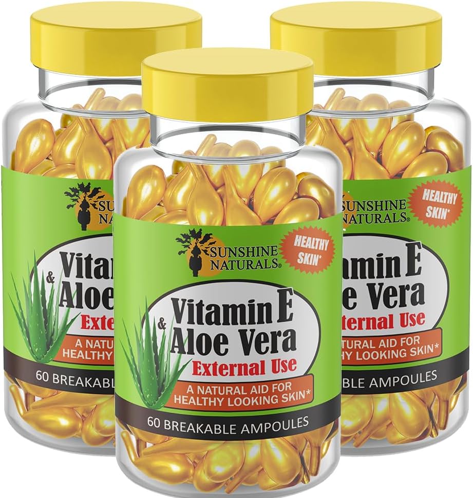 Sunshine Naturals Βιταμίνη Ε και Aloe Vera Moisturizer. Ενυδατική Φόρμουλα για το Ξηρό Δέρμα, Καταπραϋντική Ανακούφιση, Νούρισμα και Ελαστικότητα του Δέρματος. Προάγει το μαλακό και υγιές δέρμα. 60 φιαλίδια. Συσκευασία των 3