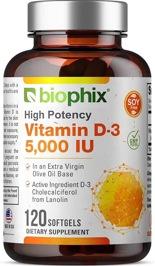 D3 5000 IU Softgels 120 Kont (12506) - Ekstra Virgin Zeytinyağı A-GMO Soy Free For Men and Women - Vit 3D Supplement Supports Güçlü Bones & Immune Health