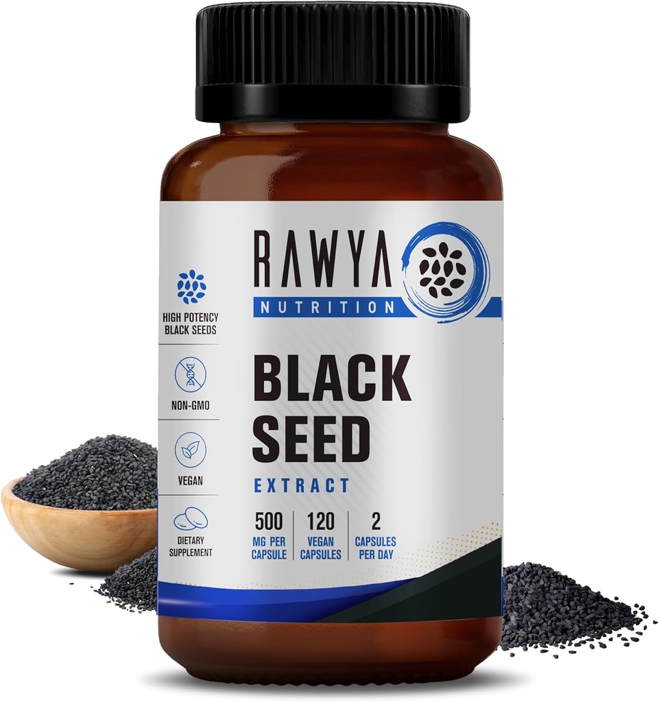 RAWYA Beslenme Siyah Tohum Taklit, Nigella Sativa, Black Cumin Tohum Toz, 500 mg Her biri, Wellness, Flexability ve Radiant Skin, Halal, Vegan, Pure & Natural Supplement - 120 Vegan Capsules