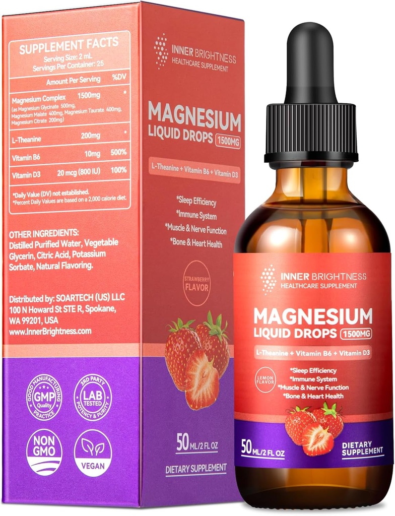 Magnesium Glycinate Liquid Drops with Magnesium Citrate & Taurate, L-Theanine, Vitamin D3, B6 - Supports Calm, Sleep, Muscle Relaxation, Leg Cramps & Energy, Sugar-Free Strawberry Flavor, 50mL