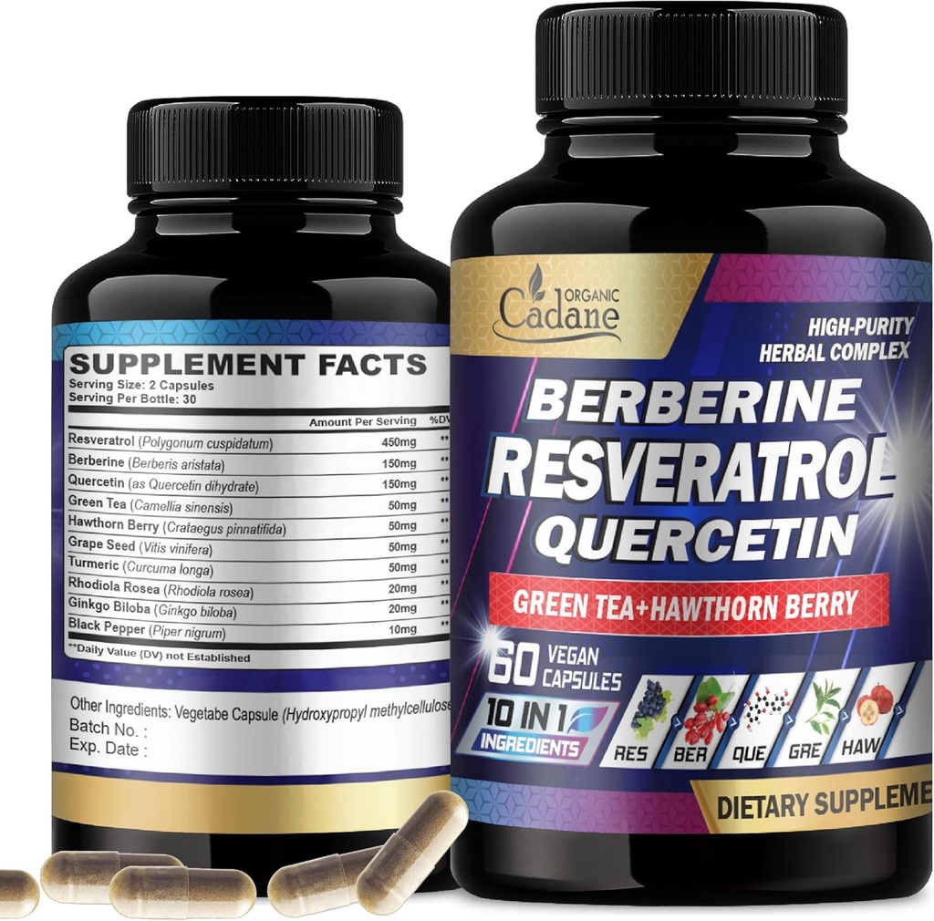Cadane Resveratrol Tamam - 10in1 Plus with Quercetin, Berberine, Green Tea, Grape Seed, Hawthorn Berry, Turmeric, Rhodiola Rosea, Ginkgo Biloba ve Black Pepper - 60 Capsules
