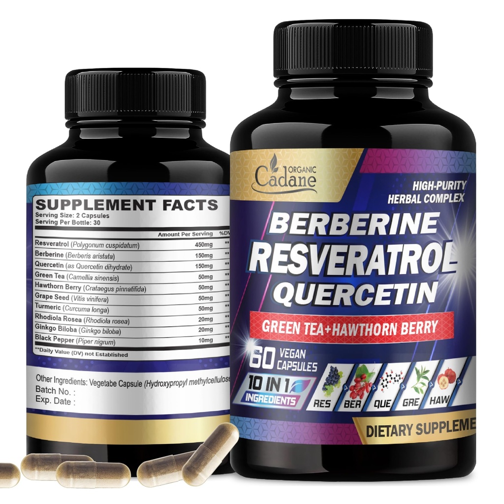 Cadane Resveratrol Tamam - 10in1 Plus with Quercetin, Berberine, Green Tea, Grape Seed, Hawthorn Berry, Turmeric, Rhodiola Rosea, Ginkgo Biloba ve Black Pepper - 60 Capsules