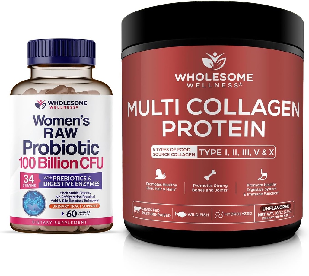 Prebiyotiks ile 100 Milyar CFU'lar için tüm miktar Wellness Probiyotikleri, Digestive Enzymes + Multi Collagen Protein Toz Hidrolyzed (Type I II III V X) Sche