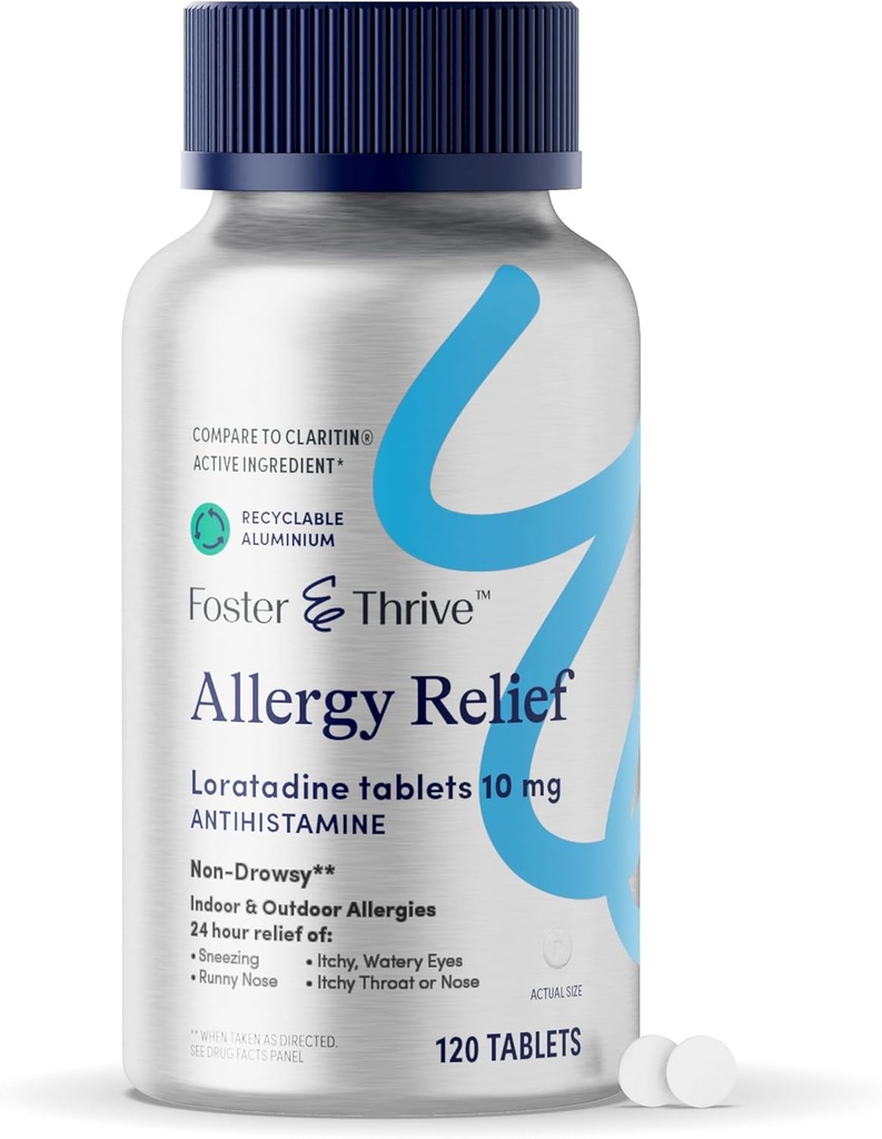 Foster & Thrive Loratadine 10 mg Sneezing, Çocuklar ve Yetişkinler, 120 Tabletler için Sinus Baskısı ve Mevsimlik Tüm Enerjiler İçin Antihistamine Relieves Itchy Eyes, Sneezing, Children and Yetişkinler, 120 Tablet
