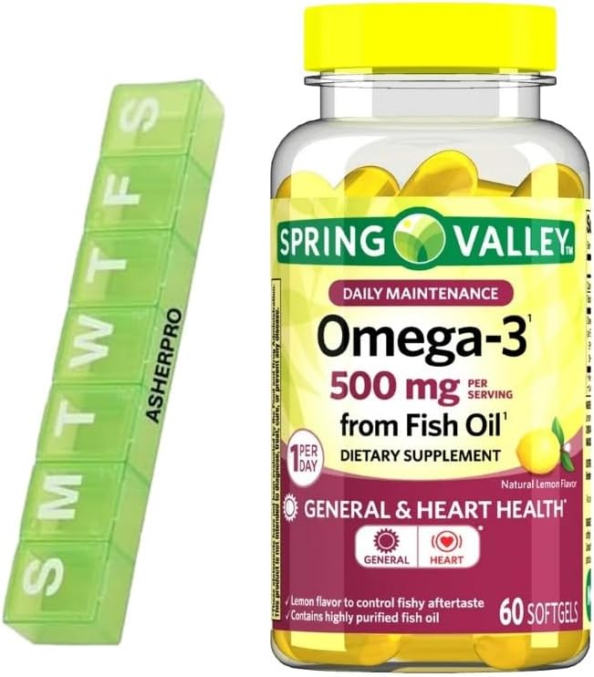 Spring Valley Omega-3 Fish Oil, 500 mg, Omega 3 Fish Oil, Fish Oil Omega 3 Supplements,Omega3, Omega 3 Fatty Acid Supplements, Fish Oil Supplements,= 60 Count + Organizer