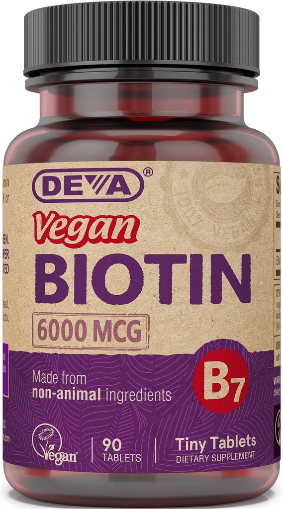 DEVA Vegan Biotin Supplement 6000 mcg – Easy-to-Swallow Vitamin B7, Tiny Tabletler, 90 Count