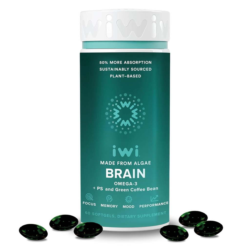 Iwi Life Brain Omega-3, 60 Softgels (30 hizmet), Vegan Plant-Based Algae Omega-3 ile EPA + DHA, Focus, Memory ve Mood Support Diyetary Supplement, Krill & Fish Oil Alternative, No Fishy Aftertaste