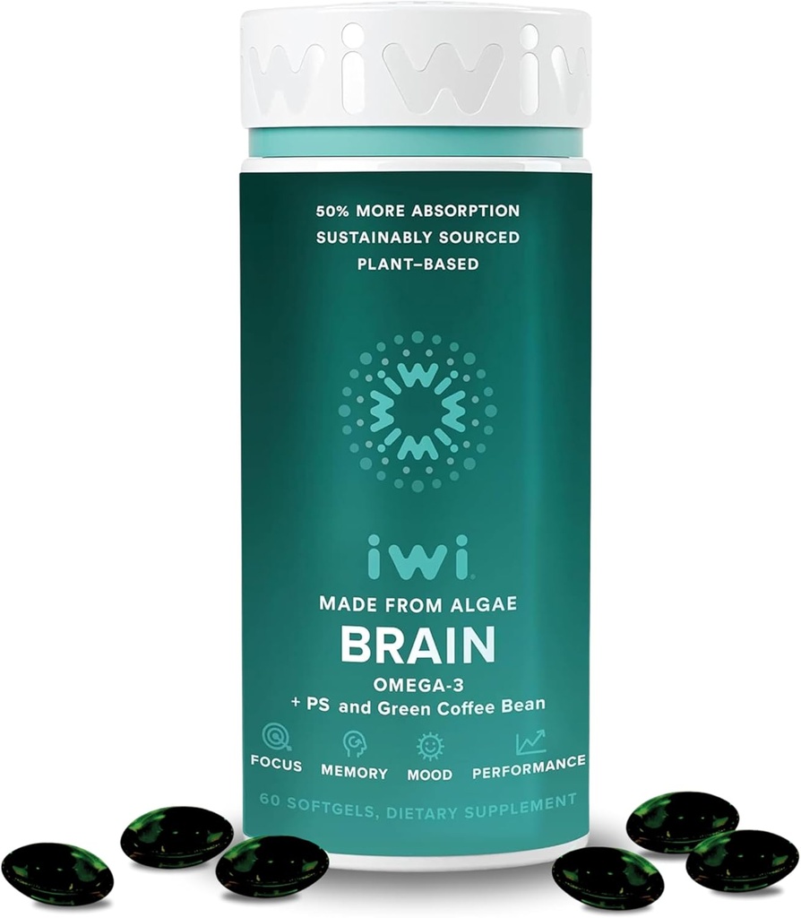Iwi Life Brain Omega-3, 60 Softgels (30 services), Vegan Plant-based Algae Omega-3 με EPA + DHA, Focus, Memory and Mood support Συμπλήρωμα διατροφής, Krill & Fish Oil Εναλλακτική, Χωρίς Αλιευτική Επίγευση