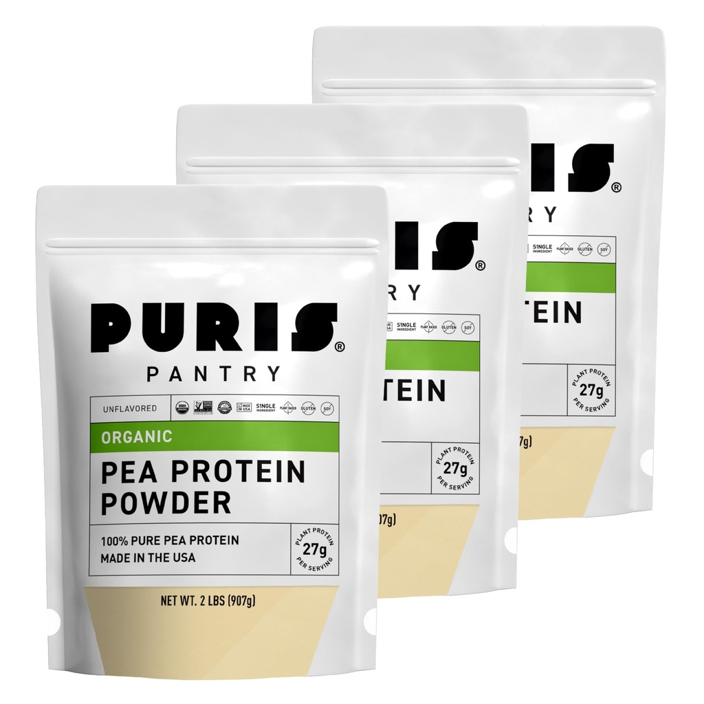 PURIS Organic Pea Protein Toz – USDA Organik Vegan Protein | 27g Plant Protein Oda başına | Non-GMO Gluten-Free Soy-Free | Clean Label | Smooth Taste | 2 lb (3 Pack)