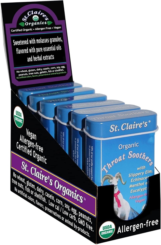 St. Claire's Organics Throat Soothers (1.5 Ounce Tin, 6) | Gluten-Free, Vegan, GMO-Free, Plant-Based, Allergen-Free | Made in Our Allergen-Free Tesis