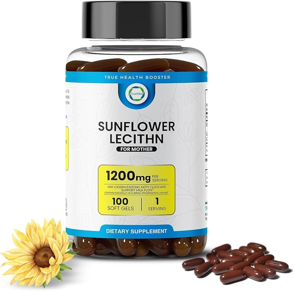 Sunflower Lecithin 1200 mg, Milk Flow, Soy-Free & Non-GMO Support for Emziring Moms Unblocks Clogged Milk Ducts, Brain, Nerve & Liver Health, Phospholipid-Rich for Mother 100 Softgel