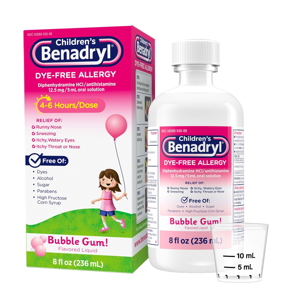 Benadryl Çocuk Dye-Free Alerji Yardımı Sıvı, Çocuklar için Alerjik Tıp, 12.5 mg Diphenhydramine HCl Antihistamin, Relieves Runny Nose & Sneezing, Paraben-Free, Gum Flavor, 8 fl.