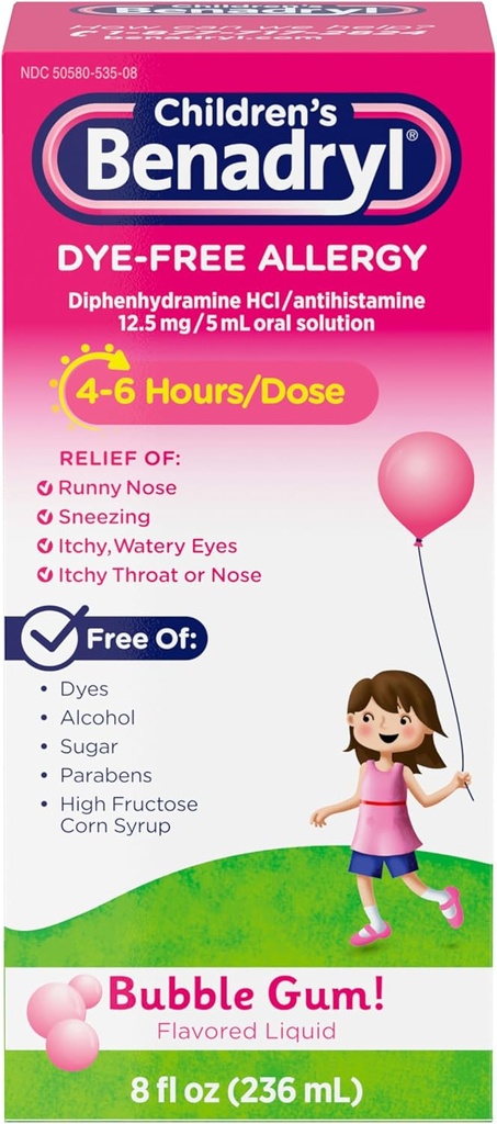 Benadryl Παιδική Βαφή-ελεύθερος Αλλεργία Relief Liquid, Αλλεργική Ιατρική για Παιδιά, 12, 5 mg Διφαινυδραμίνη HCl Αντιισταμινικό, Ανακουφίζει Runny μύτη & Φτάρνισμα, Paraben-free, Bubble Gum Flavor, 8 fl.