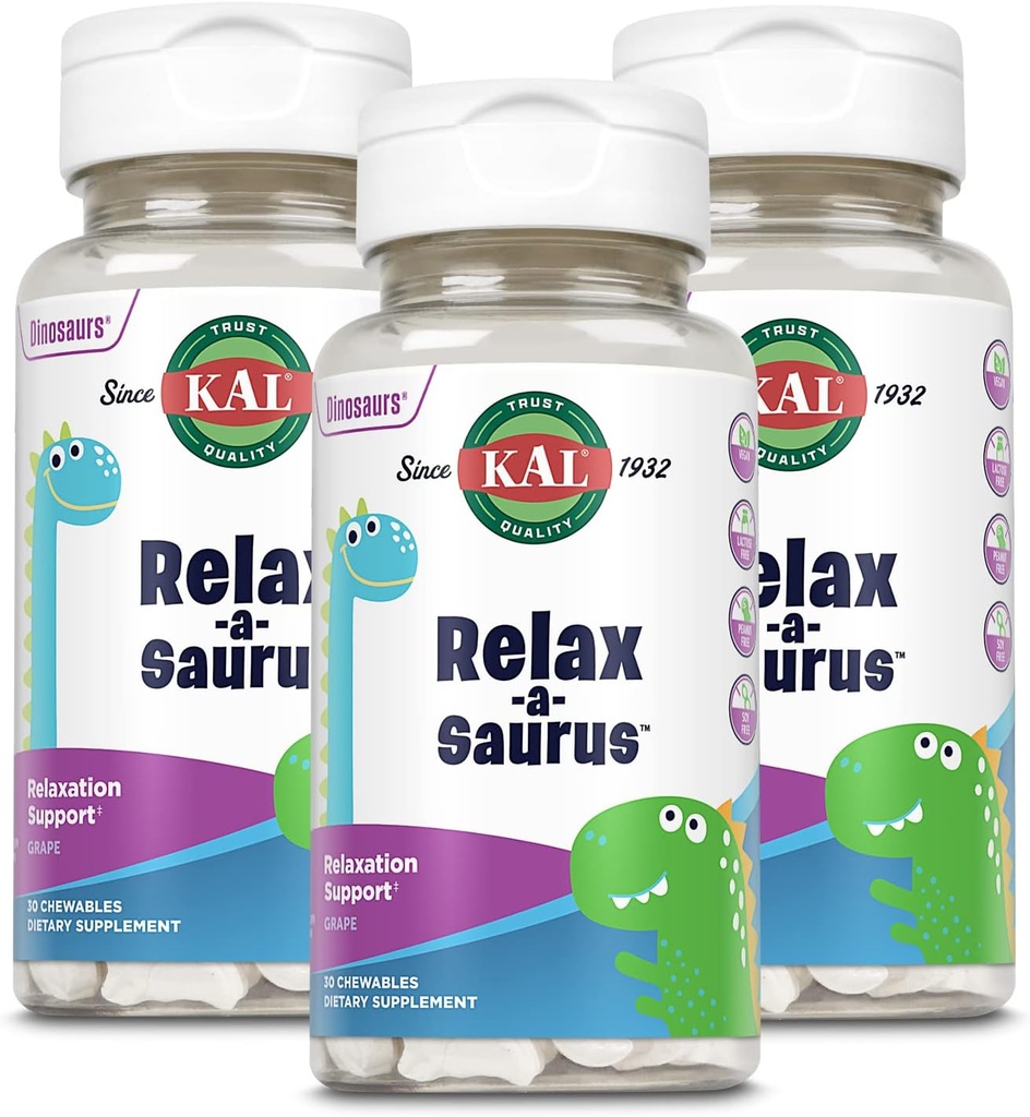 KAL-a-Saurus, Çocuklar için Stres Desteği Tamamı, Herbal Stres Yardımı ve Rahatlama ile Çocuklar için L-Theanine, Delicious Natural Grape Flavor, 60-Day Garanti, 30 Chewables Pack of 3