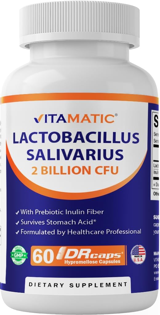 Vitamatic Lactobacillus Salivarius 2 Milyar DR Capsule - 60 Kont - Digestive Support - Prebiyotik Inulin Fiber (1 Şişe) ile Yapıldı