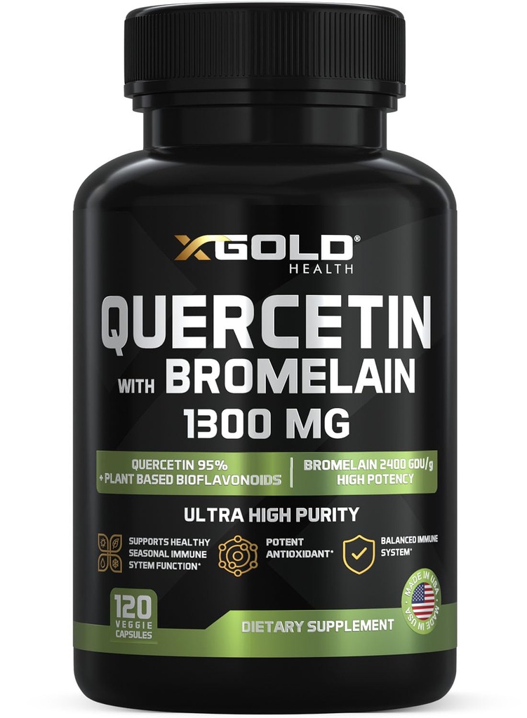 Quercetin + Bromelain 1,300 mg - Quercetin:% 95 - Yüksek Lisanslı ve Yüksek Lisanslı Biyo kullanılabilir Plus Bromelain 2,400 GDU /g - ABD'de Yap | 120 Caps