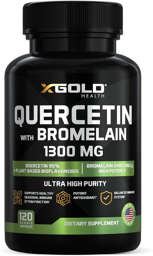 Quercetin + Bromelain 1,300 mg - Quercetin:% 95 - Yüksek Lisanslı ve Yüksek Lisanslı Biyo kullanılabilir Plus Bromelain 2,400 GDU /g - ABD'de Yap | 120 Caps