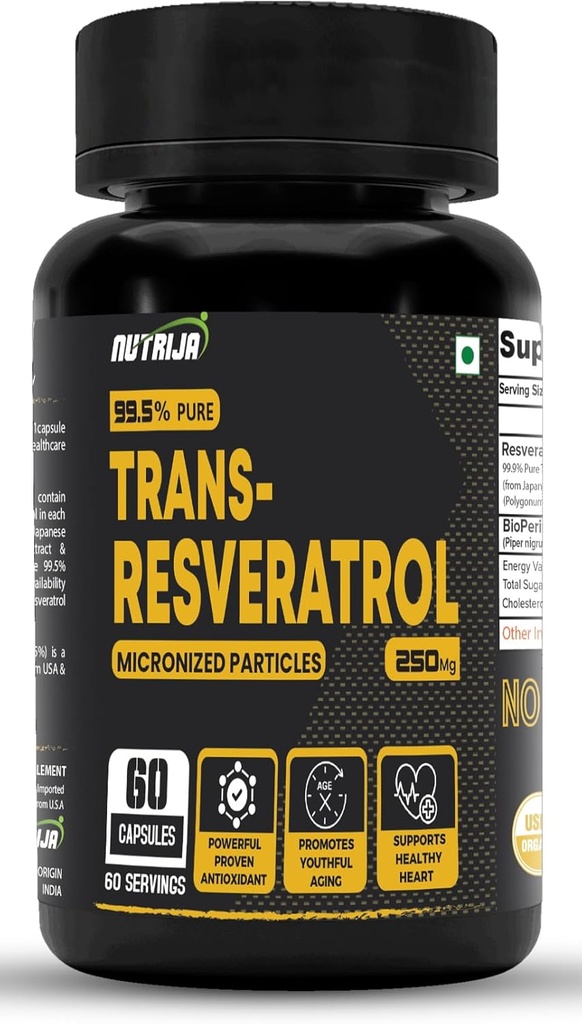 Trans Resveratrol 250MG Capsules - 99.5% Pure Micronized ve Highly Bio available Supplement | Slow Down Aging, Proven Güçlü Anti-Oxidant | Metabolism & Heart Health (120 Capsules)